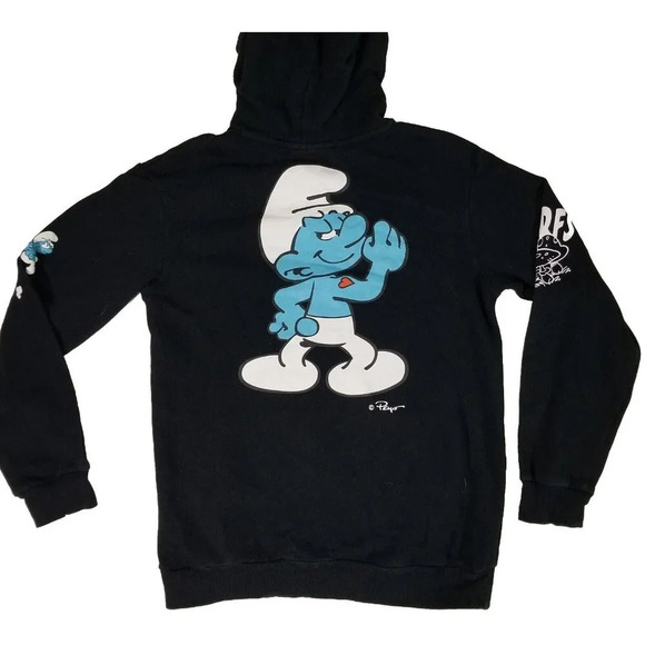 Smurfs Hoodie Hooded Sweatshirt Pullover Adult Size Small Mushrooms Back Graphic - Picture 10 of 11